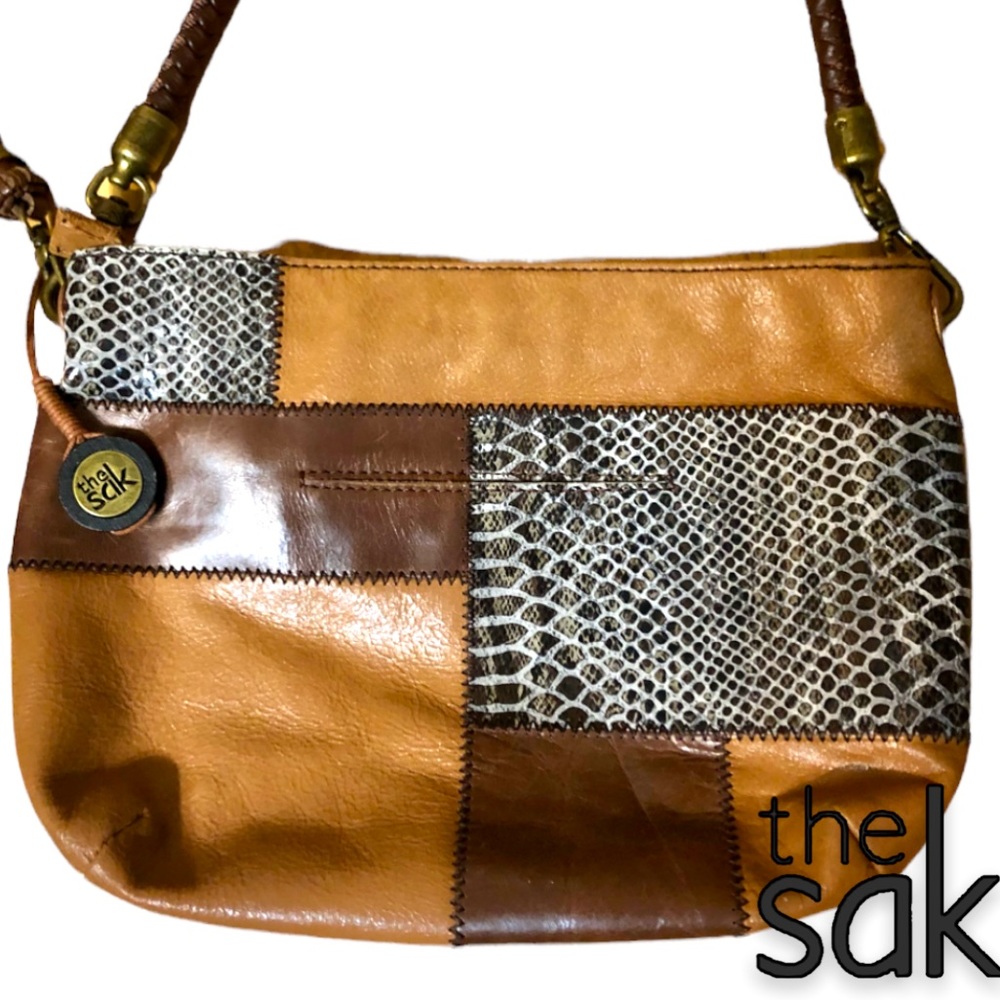SOLD!!! THE SAK | INDIO DEMI SMALL LEATHER HOBO TEAK SNAKE PATCH SHOULDER BAG